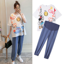 苒祺祺孕妇装夏季新款孕妇T恤上衣潮妈宽松休闲短袖+托腹裤网红两件套夏装 白色套装 L