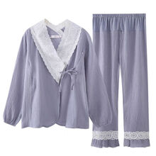 扎乐  月子服夏季薄款纯棉纱布孕妇睡衣6月份7产后哺乳8吸汗透气9喂奶衣AA 纱布305雾里蓝(拉链哺乳裤腰可调) XXL(建议140-160斤左右)