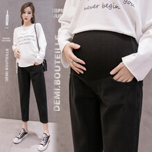 敏潮格伦孕妇裤子外穿牛仔九分裤潮妈春秋款大码宽松哈伦裤托腹老爹裤长裤 黑色 M