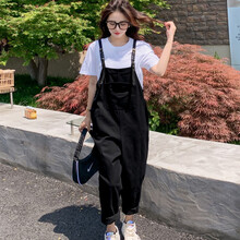 依鎏衣品孕妇装2021春夏新款韩版潮妈时尚孕妇背带裤宽松大码纯棉短袖T恤吊带裙孕妇连体裤两件套装 黑色单件背带裤8028# M建议90-115斤