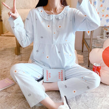七采雏菊 纯棉月子服春夏孕妇睡衣产后哺乳喂奶衣秋冬孕妇家居服韩版睡衣女公主风大码孕妇装200斤 ZQ9137蓝色纯棉套装 M码（80-110斤内合适）