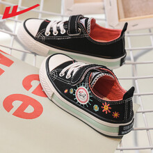 回力Warrior 新品儿童帆布鞋低帮休闲鞋男女童刺绣个性潮鞋 黑色 24