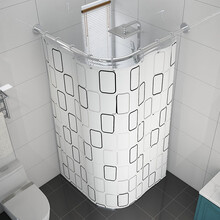 沐浴帘套装免打孔洗澡弧形杆卫生间挂帘子浴室淋浴房隔断帘防水布 EVA黑白方格 免打孔新款伸缩A+浴帘+树脂环+绑带