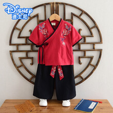 【夏新品】 迪士尼品牌男童汉服夏装男孩中国风棉麻儿童古装男宝宝薄款短袖唐装套装夏装好衣 2(红色) 90