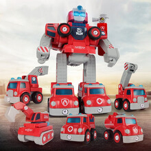 儿童变形玩具男孩合体机器人DIY拆装机甲恐龙模型消防工程小汽车拧螺丝拼装玩具3-4-6岁生日礼物 5合1变形合体火线救援战神