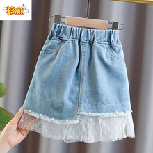 擒旗轻奢品牌高端品质女童牛仔半身裙拼接网纱裙洋气小女孩短裙儿童裙子半截裙G12 蓝色 110cm