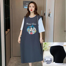 【Evich】孕妇装夏装新款连衣裙2021时尚潮妈中长款过膝假两件孕妇连衣裙夏【5月11日发完】 【套装】灰蓝米奇假两件+黑色安全裤 XXXL码【140-160斤】