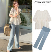 什靓孕妇阔腿裤夏装套装时尚洋气2021夏季短袖打底上衣潮妈孕期两件套 杏色上衣【单件】 L