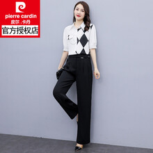 皮尔卡丹轻奢品牌女装 时尚印花休闲裤套装2021年夏季新款气质女神范妈妈修身阔腿裤套装时尚女装 图片色 M