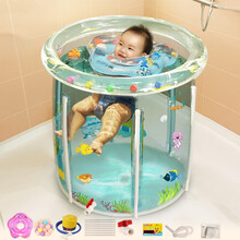 婴儿游泳池宝宝游泳桶家用室内充气新生儿童加厚折叠浴桶洗澡盆透明浴缸 透明泳池-直径70*高70（送脖圈礼包）塑料支架
