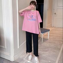 SC 孕妇套装 孕妇套装夏季 孕妇装夏装套装2021新款时尚潮妈网红T恤+托腹裤Y641 黑色裤子 L