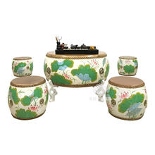 舒弗（LACHOUFFE）中式茶几圆形仿古实木彩绘牛皮鼓凳茶桌组合客厅多功能创意家具 A14(荷花图案) 组装