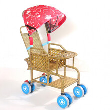 婴儿推车宝宝仿藤编轻便藤椅折叠可坐可躺夏季竹藤编小儿手推藤车 双层藤编椅背可调节含红棚 +风兜安全带