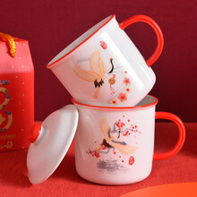 餐将军 仿搪瓷杯 陶瓷杯带盖茶缸子国潮马克杯带把茶杯老干部会议杯子 国潮仿搪瓷杯【红色图案随机】