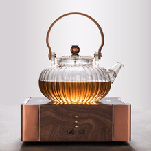 容山堂木把玻璃煮茶器电陶炉加厚耐热烧水壶家用泡茶壶功夫茶具 菊瓣提梁壶+紫铜色镶嵌黑胡桃木炉