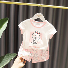 迪士尼品牌同款新品1-6岁女宝宝夏季呼吸棉纯棉卡通印花套装3女婴儿童薄款睡衣 粉色-小兔 120#建议身高95-105cm左右
