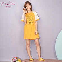 康妮雅 睡裙女夏季新品女士居家服月子服短袖圆领简约学生装家居服 黄色 XL