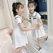 迪士尼Disney女童连衣裙夏装2021新款儿童夏季洋气大童夏款女孩网红学院风裙子 白色 110cm(110cm)