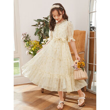 慧羽竹青女童连衣裙儿童裙子长裙碎花雪纺夏装2021新款女大童公主女孩洋气 杏色 160码建议身高150cm左右