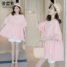 普雷芳孕妇装套装2021夏装新款时尚款外穿潮妈纯棉孕妇娃娃衫上衣中长款托腹短裤两件套 粉色上衣 M