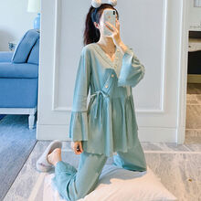 【可哺乳】春秋月子服棉孕妇睡衣和服哺乳衣孕妇家居服喂奶衣夏 8265湖绿色和服纯棉套装 XL(130-150斤内合适)