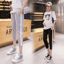 革曼 孕妇装夏季薄款孕妇裤打底裤七分裤时尚外穿休闲裤子潮妈运动裤高腰托腹中裤夏天 黑色白边 M