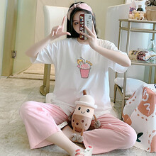 青妖纯棉月子服夏季薄款短袖九分裤家居孕妇睡衣可哺乳可爱家居服 HY3304 XL码120-140斤