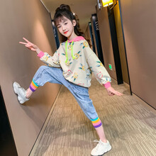 川孩女童卫衣套装春秋装新款儿童上衣牛仔裤子运动两件套10女孩衣服学生中大童2-13岁宽松可爱秋季童装 杏色卫衣+牛仔裤 130