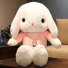 小彩熊  垂耳兔长耳朵兔子毛绒玩具大号床上睡觉抱枕玩偶女可爱布娃娃公仔 白色粉卫衣 1.05米(玫瑰花+小公仔+礼品包装)