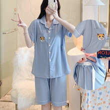 月子服夏季薄款 冰丝短袖哺乳睡衣夏季薄款产后月子服喂奶两件套夏天孕妇装怀孕期 SF217蓝灰 莫代尔 XL建议115-135斤