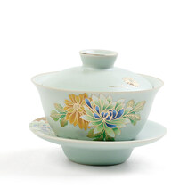 德化瓷都精品立体趴花盖碗茶杯汝窑家用功夫茶具三才碗大号陶瓷介杯日式泡茶碗 汝瓷趴花 盖碗
