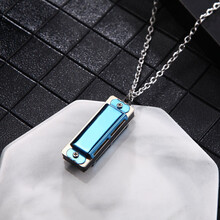 叶音同款迷你口琴项链个性文艺复古情侣项链四孔八音口琴嘻哈吊坠 蓝色方形口琴项链