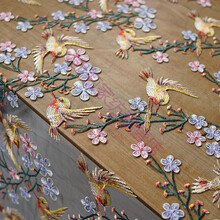 黑/白色底小鸟印花工艺立体刺绣软网纱蕾丝面料服装礼服布料 黑底 半米