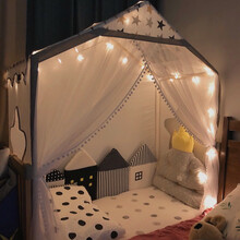 高颜值儿童帐篷定制分床神器室内女孩男孩睡觉家用小房子超大游戏屋蚊帐 深度115*门宽150*高142 +棉垫星灯彩旗