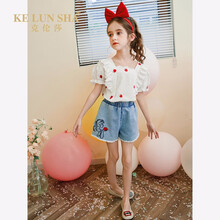 克伦莎品牌女童网红套装2021新款夏装儿童洋气两件套宝宝蕾丝上衣牛仔短裤子 白雪公主 110cm