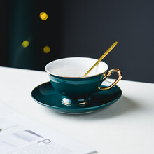 天城一品 咖啡杯欧式小家用清新网红陶瓷ins风套装小精致轻奢定制 英式一杯一碟一勺(墨绿)