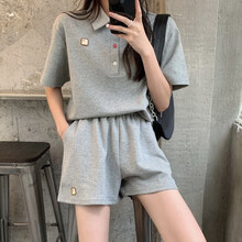 贺雅松运动套装女2021夏季时尚简约百搭宽松学院风短裤套装 灰色 M