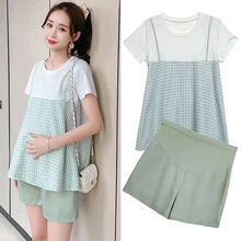 【Evich】2021新款孕妇装夏装时尚款网红短裤洋气两件套外出孕妇潮妈套装夏 绿色格子套装【版】 L【120-145斤】