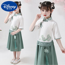 迪士尼（Disney）女童中国风唐装裙子洋气两件套儿童汉服古装小女孩民国风旗袍裙夏小孩子穿的 女童绿色套装送发夹 160