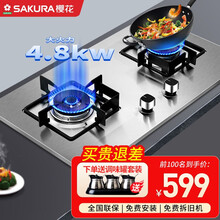 樱花（SAKURA）燃气灶煤气灶4.8KW猛火灶双灶一级能效节铜锁保护能嵌入式不锈钢灶具ADG05 【天然气使用】4.8kw一级能效