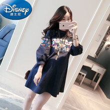 迪士尼软腻亲肤高档品牌百万妈妈的选择孕妇春装新款韩版宽松大码时尚网红潮妈春秋长袖蕾丝连衣裙中长款 藏青色 M