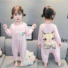 迪士尼高端轻奢莫代尔儿童连体睡衣纯棉薄款夏季空调服宝宝衣服婴儿宽松春秋睡袋旗舰官方专卖 粉色-猫鱼 80cm