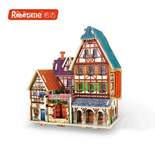 若态3d木质立体拼图diy艺术小屋拼插模型房子世界风情迷你建筑创意玩具礼物 F127法国旅馆 若来