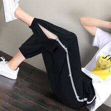 孕妇裤子夏季宽松潮妈九分薄款运动裤春夏外穿亮边打底孕妇装夏装 九分亮边开口【黑色】 M