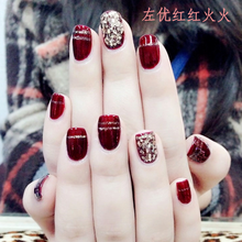 裸色指甲贴片夏日美甲成品网红可拆卸反复使用穿戴甲长久防水甲片 酒红银 送(果冻胶+胶水+指甲搓+酒精棉)