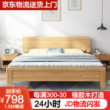 【24小时发货】芈乐康 实木北欧双人大床原木色胡桃色1.2米1.35米1.5米1.8米婚床卧室 单床(原木无漆现货) 1800mm*2000mm  框架结构