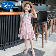 迪士尼专卖品牌女童碎花公主裙夏装2021新款洋气童装女孩背心裙子儿童雪纺连衣裙 粉色 110cm