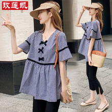 玫莲凯 孕妇装夏季孕妇上衣2021夏天新款蝴蝶结拼接洋气甜美千鸟格短袖潮妈T恤 图片色 L