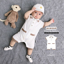 迪斯尼婴儿夏季衣服薄款男女宝宝短袖绅士爬爬服网红满月新生儿连体衣潮哈衣爬服套装童装 白色撞色POLO领绅士短袖哈衣 80cm