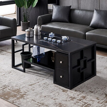 茶几 岩板茶几桌 火烧石茶几 功夫茶几 铁艺茶几现代简约火山石喝茶桌泡茶台 办公室阳台茶几 130*70*55茶几【岩板茶桌面】+柜子